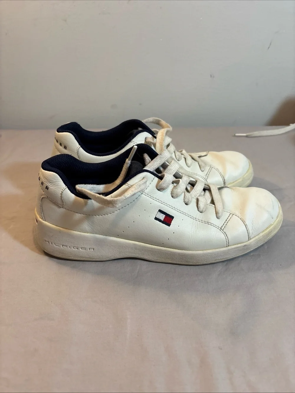 Tommy Hilfiger Women’s White Leather Sneakers with Navy Lining and Flag Accent